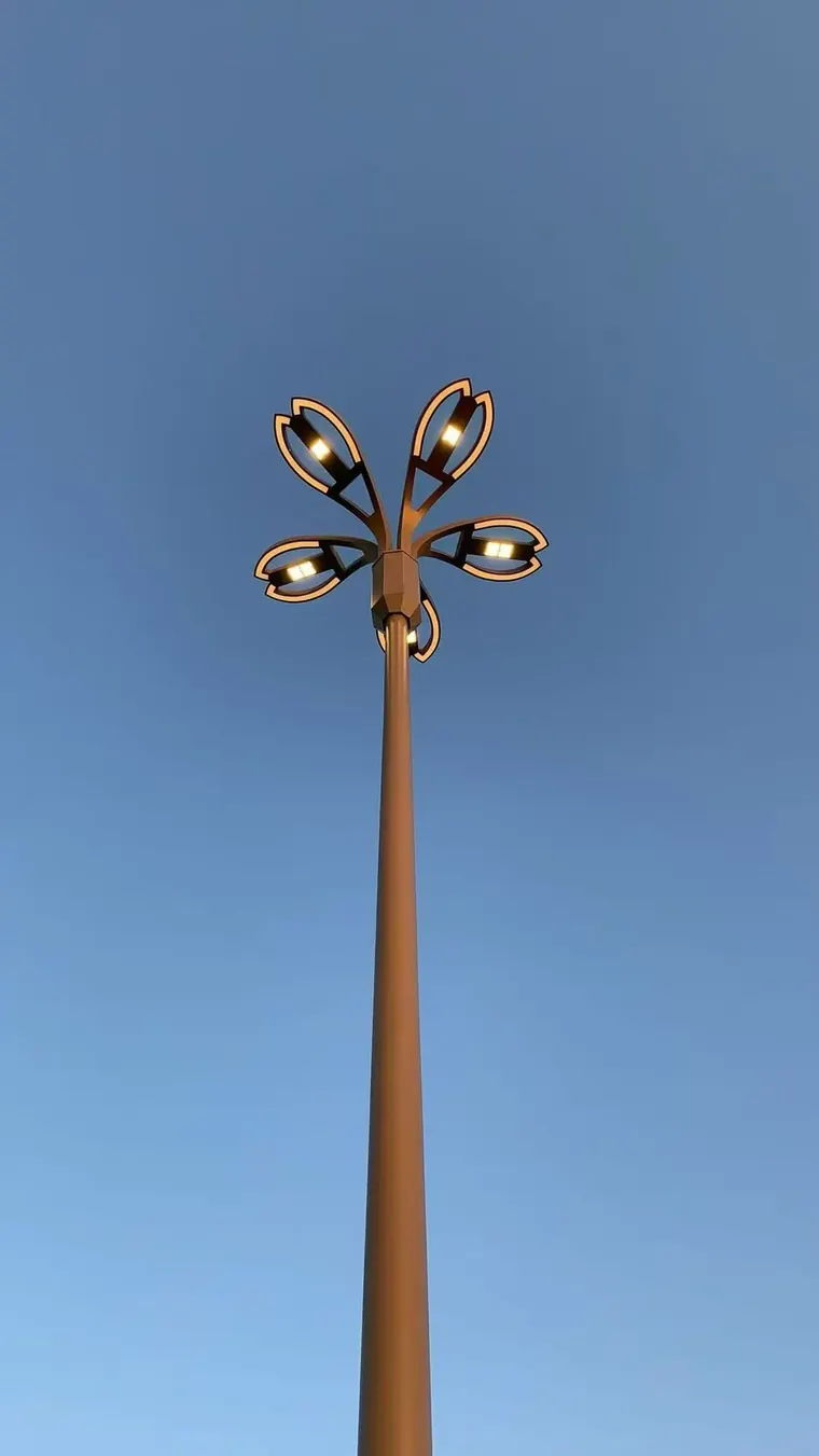 QIJIUJIU ornamental boulevard light pole with five luminaire heads illuminated at dusk